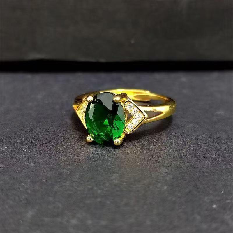 Adjustable Unisex Open Style Oval Gold Moissanite Ring Set with Green Diamond and Garnet Ring