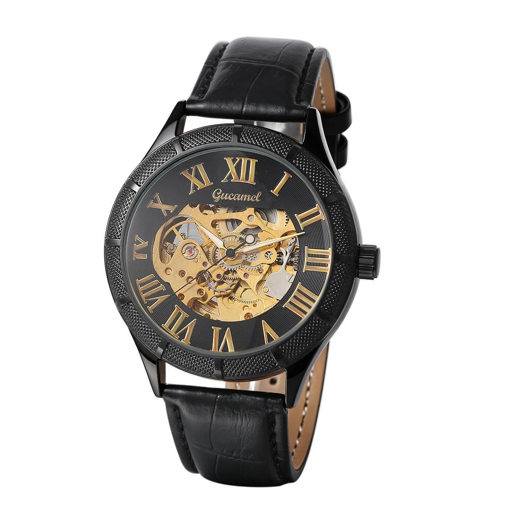 Relógio Automático Negócios Pulseira de Couro Masculino Aço Inoxidável Números Romanos Luminoso Estilo Engrenagem Formal Uso Diário À Prova d'Água Resistente à Chuva Presente