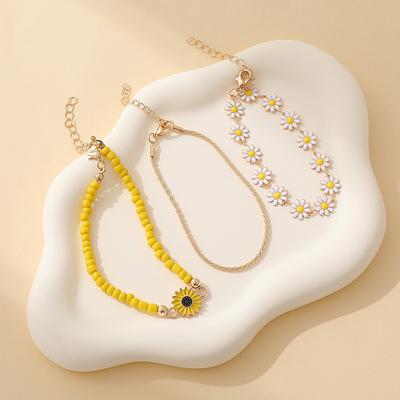 3 ks roztomilý náramek s květinovým přívěskem sedmikráska set na kotník pro ženy, slunečnice z bohémských korálků, stohovatelné šperky na ruku