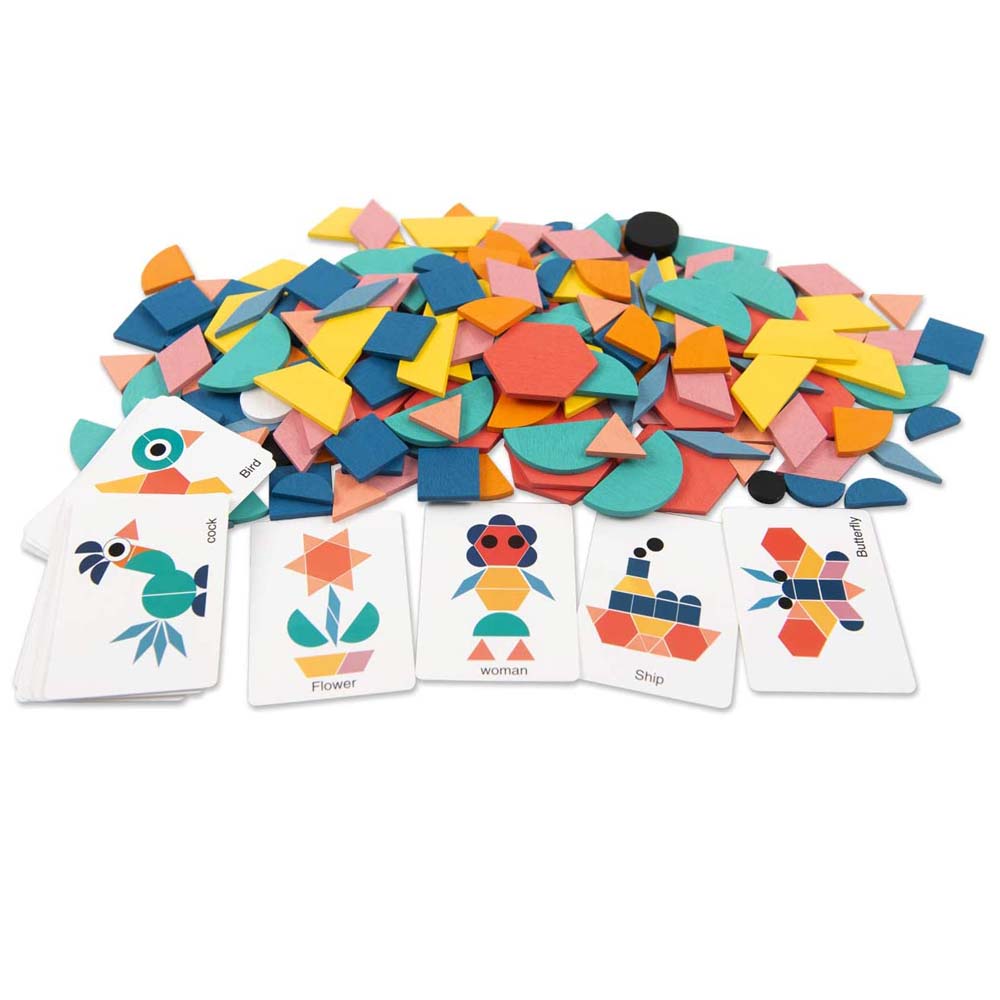 Joc Wooden Tangram Puzzle 180 Pieces, Montessori Educational Toys for Kids Ages 3+, Brain Teaser Puzzle Blocks