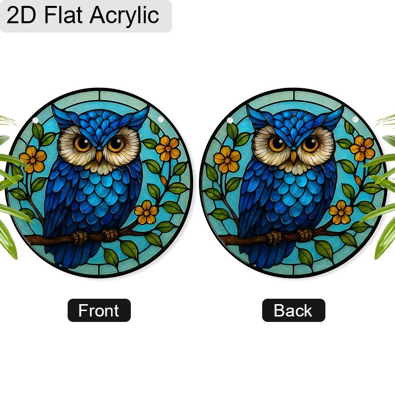 Acrylic Blue Owl with Yellow Flowers Suncatcher, Stained Glass Effect Window Hanging Ornament for Bird & Nature Lover Gifts