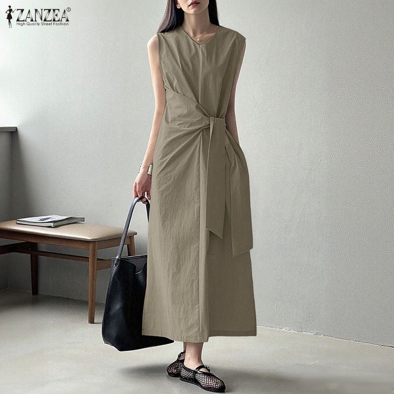 ZANZEA Women Casual Round Neck Summer Sleeveless Long Dress
