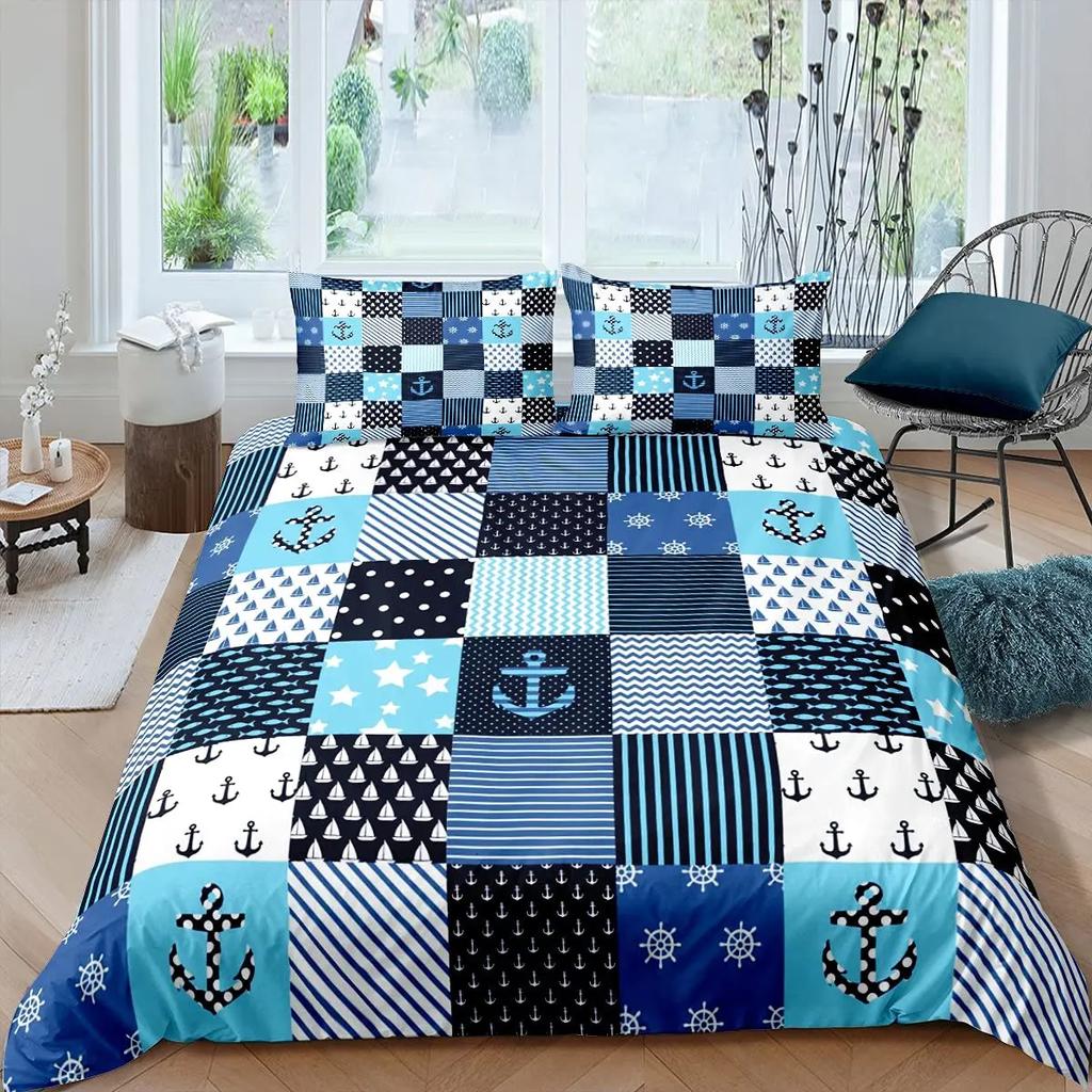 Nautical Anchor Pattern Duvet Cover Set King,Geometric Stripes Ocean Adventure Theme Quilt Navy Blue and Red Bedding Set 3pcs