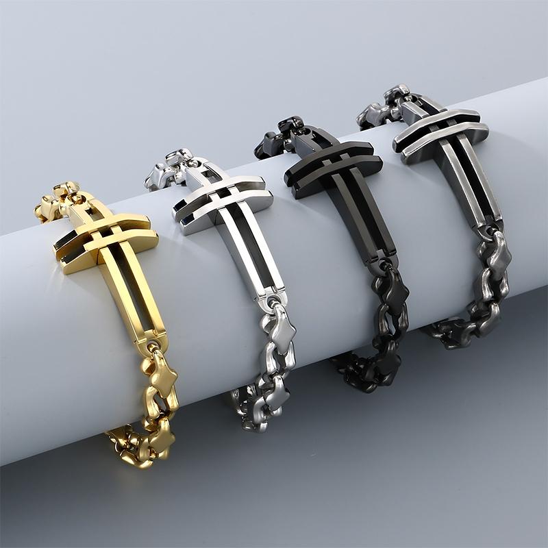 Polished Gold Color Stainless Steel Cross Bracelet for Men Women Irregular Chain Minimalist Religious Symbol Jewelry for Daily