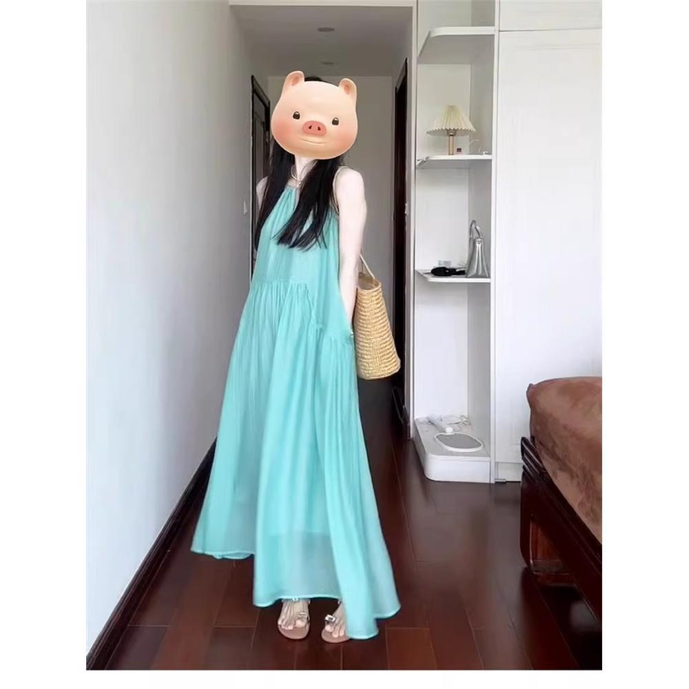 Resort dress small fresh simple sweet halterneck photo pleats large swing beach slip dress