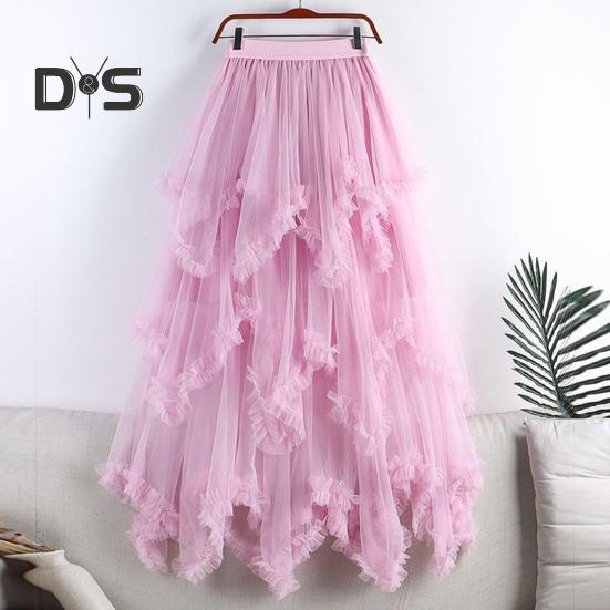 Dámská dortová sukně s polovičním pasem, elastickým pasem, nepravidelným lemem, midi sukně, jednobarevná, síťovaná, kolová, dlouhá sukně, pro každodenní nošení