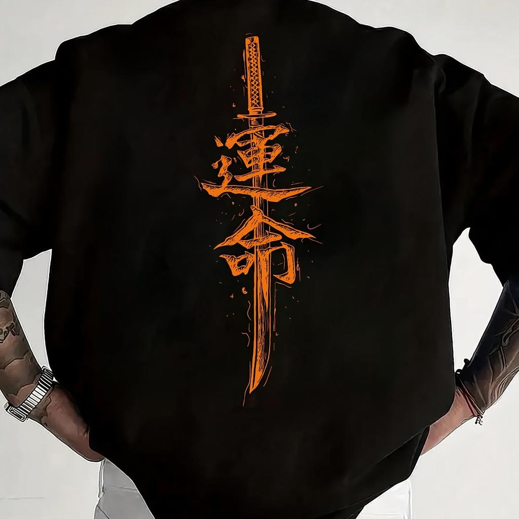 Mens Short Sleeved Tshirt with Japanese Samurai Sword Pattern Fashionable and Casual Round Neck Top for Spring and Summer