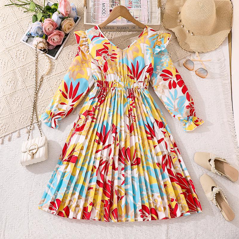 Autumn 2025 Cross-border V-neck Print Dress for Plus-size Girls - Elegant, Waist-cinching, Long Sleeve Design 170 cm = 12Y жёлтый