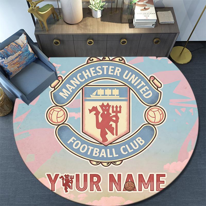 Custom Name Manchester United Round Area Rug,Carpet Rug for Living Room Bedroom Sofa Playroom Decor,Non-slip Floor Mat
