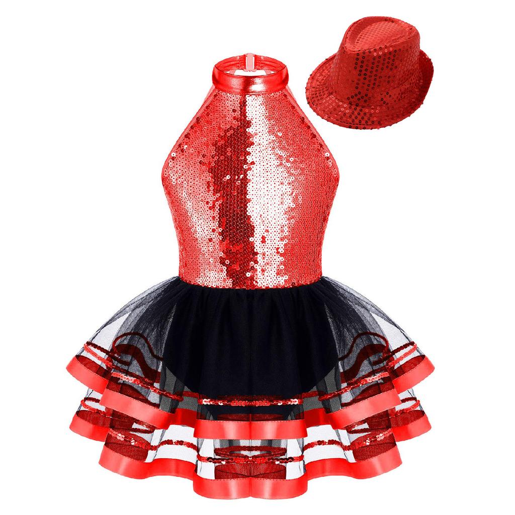 Sparkling Party & Performance Tutu for Girls: Halter Neck Backless Dress with Sequins, Includes Hat for Easy Complete Look