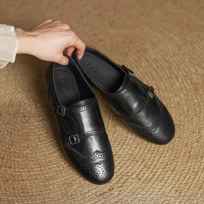 Krazing Pot Cow Skin Fashion Spring Autumn Low Heels metal buckle Oxford Shoes Women Round Toe Leisure Brogues flats