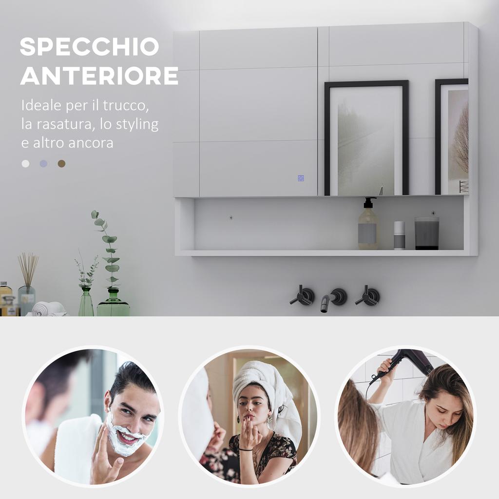 Wall Mirror Cabinet with LED Lights, Open Shelf and Internal Shelf, 80x15x60cm