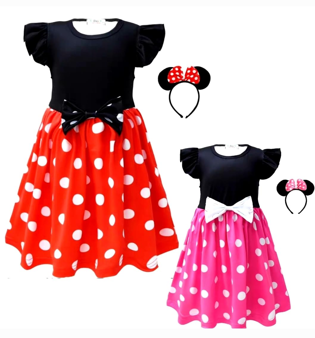 

[Sai Sai] Minnie Mouse Dress, Polka Dot Print, Princess Style, Cute [Polka Dot Ribbon Dress], Stylish Minnie Mouse Dress, Kids Clothing, Includes