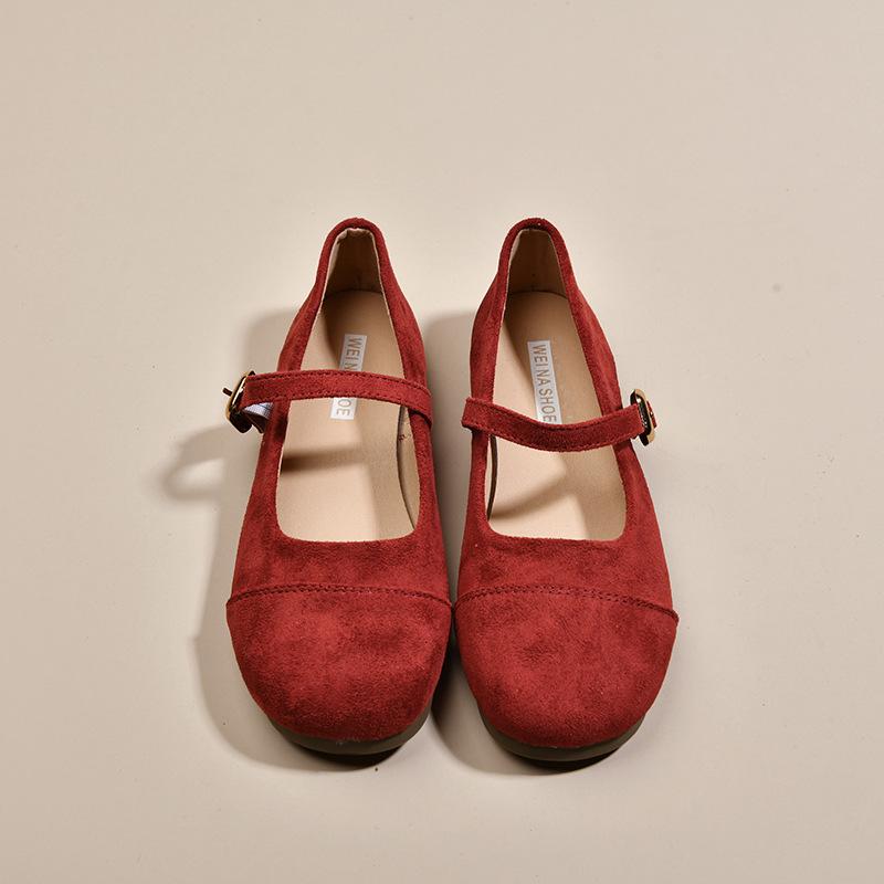 Light mouth red single shoes female spring and autumn new retro gentle fairy suede Mary Jane shoes flat beanie shoes