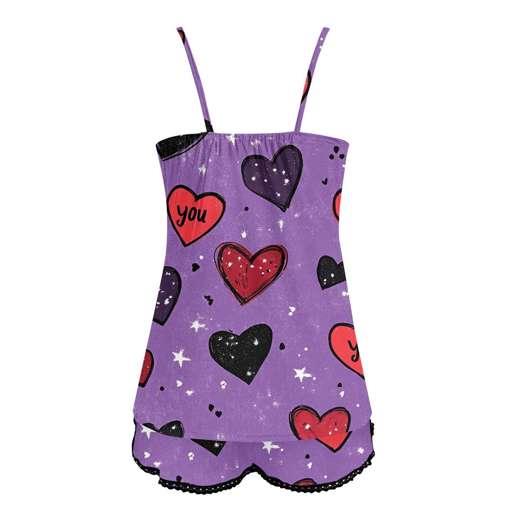 Damen-Pyjama-Set mit Valentinstags-Print, V-Ausschnitt, Spitzennähten, ärmellos, Weste und Shorts
