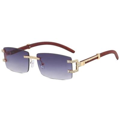 Unisex Rectangle Rimless Women Wood Leg Luxury Brand Designer Trendy Retro Frameless Sun Glasses UV400