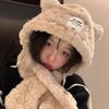 Bear plush hat scarf integrated women's autumn and winter thickened warm ear protection riding shows small face
