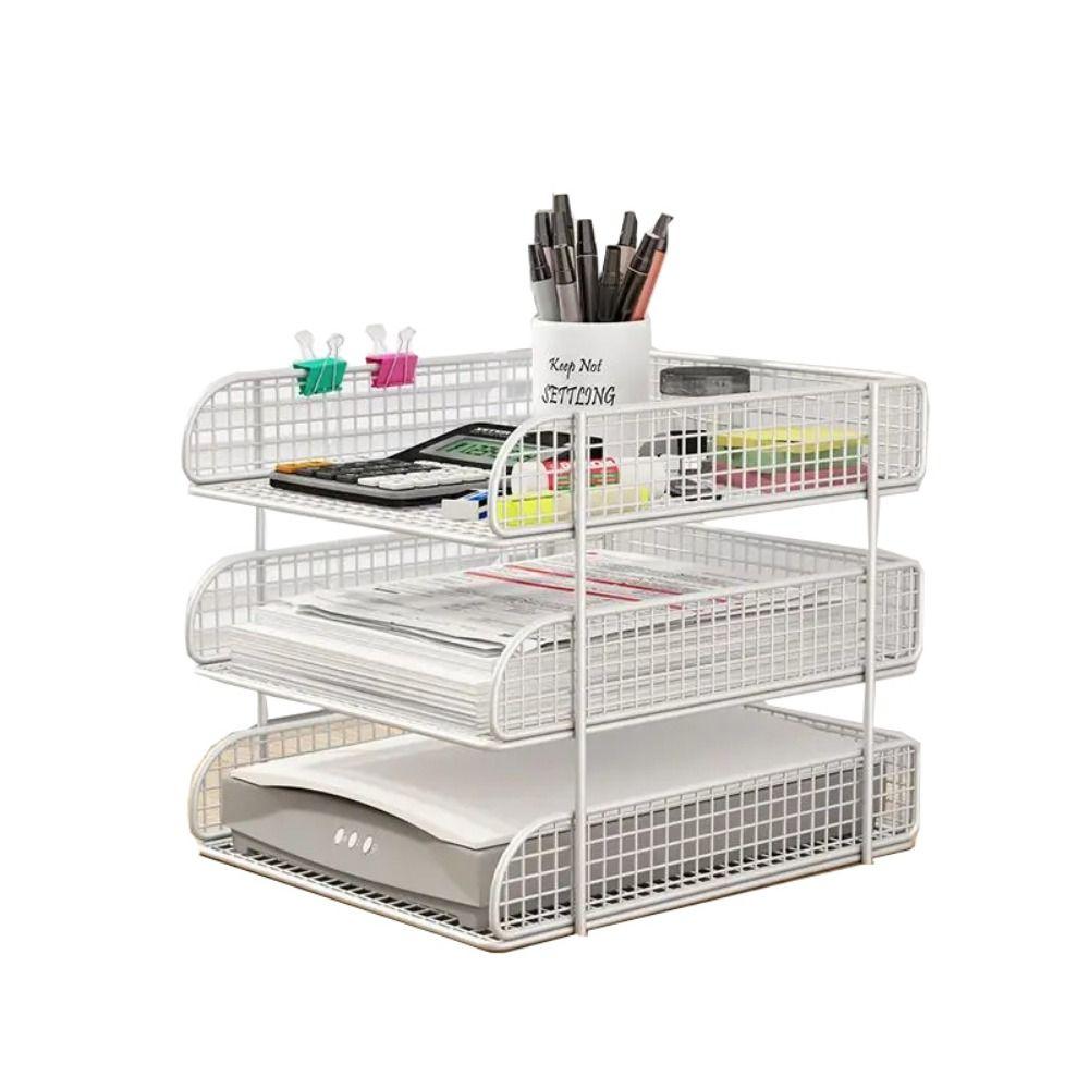 Stackable Simple Bookshelf Metal Net Shelf Desk Organizer Multi-color Magazine Holder  Desktop White-3 Tiers