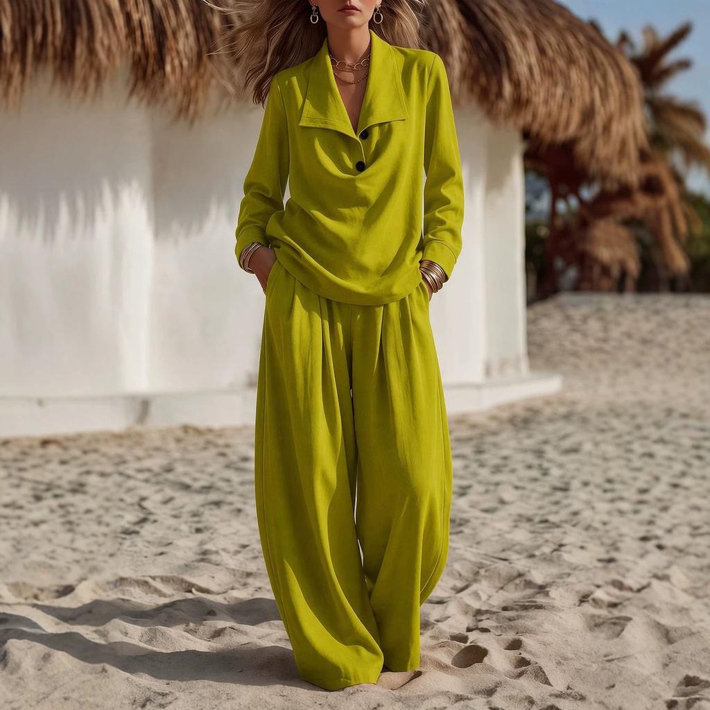 Women's Lapel Button Down Long Sleeve Top and Wide Leg Pants Set Solid Color Casual Two Piece Outfit
