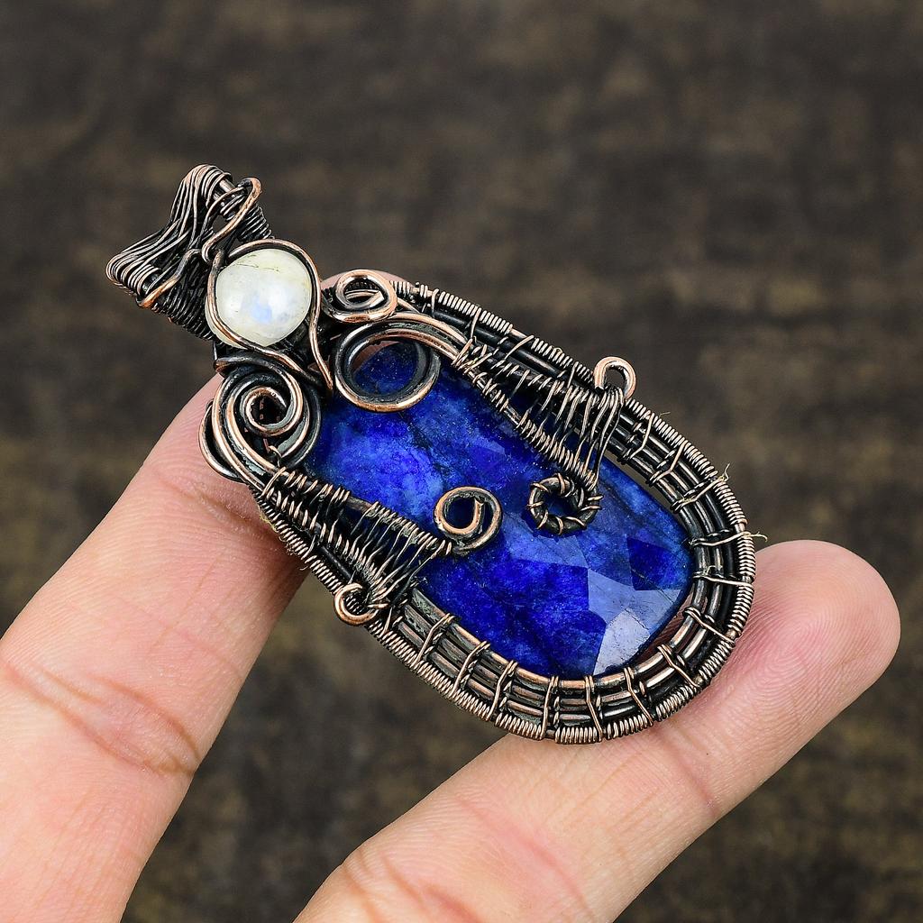 Natural Lapis Lazuli, Moonstone Gemstone Copper Wire Wrap Pendant 2.68" u4h47