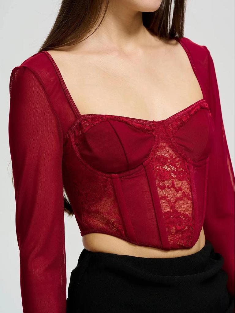 European & American Street Fashion Mesh Lace Slim Square Collar Long-Sleeved Top for Women
