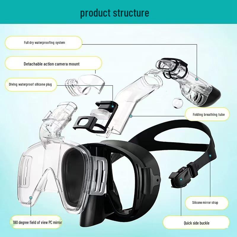 One-piece snorkel and diving mask set, anti-fog, waterproof, liquid silicone goggles.