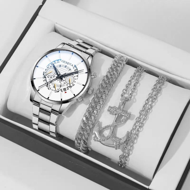 

3 шт./набор, 1 шт. мужские модные повседневные кварцевые часы из нержавеющей стали с календарем, 1 шт. мужской браслет, 1 шт. мужское ожерелье