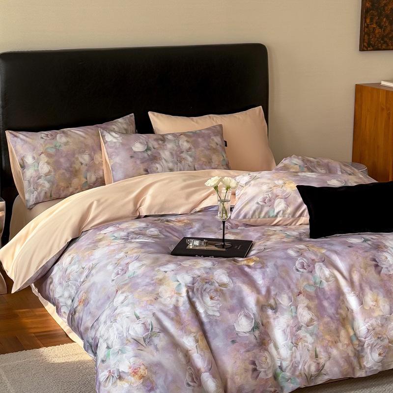 French Pastoral Oil Painting Style 100S Pure Cotton Satin Long-Staple Cotton Four-Piece Digital Printing Bedding