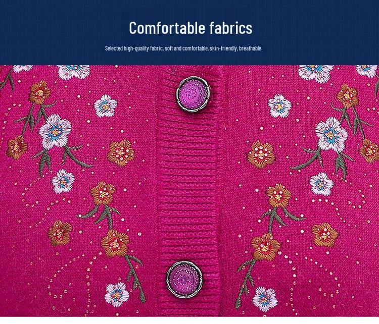 Embroidered Velvet-Enhanced Warm Cardigan for Women Aged 60-70