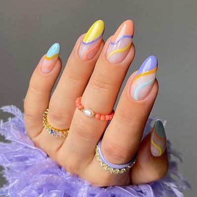 24 Adet Nail Art Parça Giyilebilir Tırnak, Fransız Gökkuşağı Çizgili Yama Nail Art, Giyilebilir Tırnak Çıkartması Çıkarılabilir Tırnak