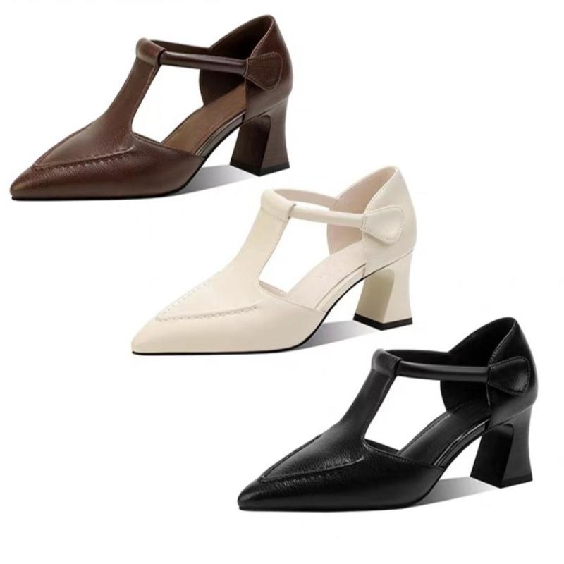 Hollow High-heeled Single Shoes Autumn New Pointed Toe Shallow Mouth One Belt Non-slip Wear-resistant Block Heel Shoes