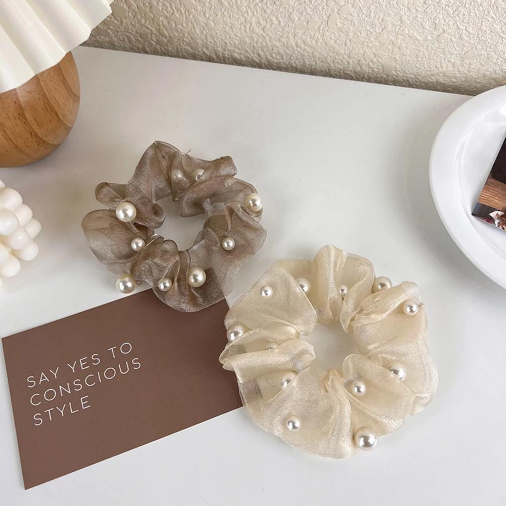 1PC Elegant Organza Scrunchies with Pearls, Women's Stylish Hair Accessories, Must - Have Hair Grips Hair Tie