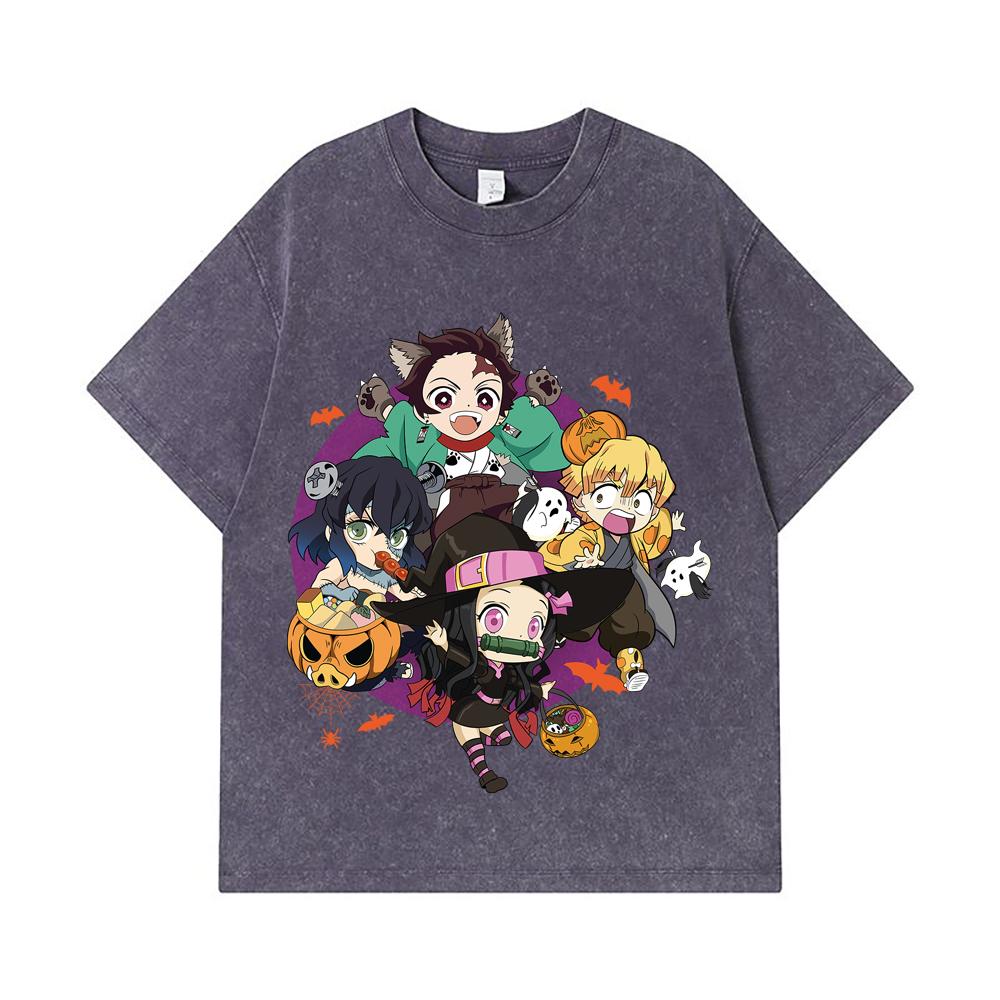 275 GSM Washed T-shirts 100% Cotton Demon Slayer V111 Halloween Print Unisex Heavy Cotton T Shirt