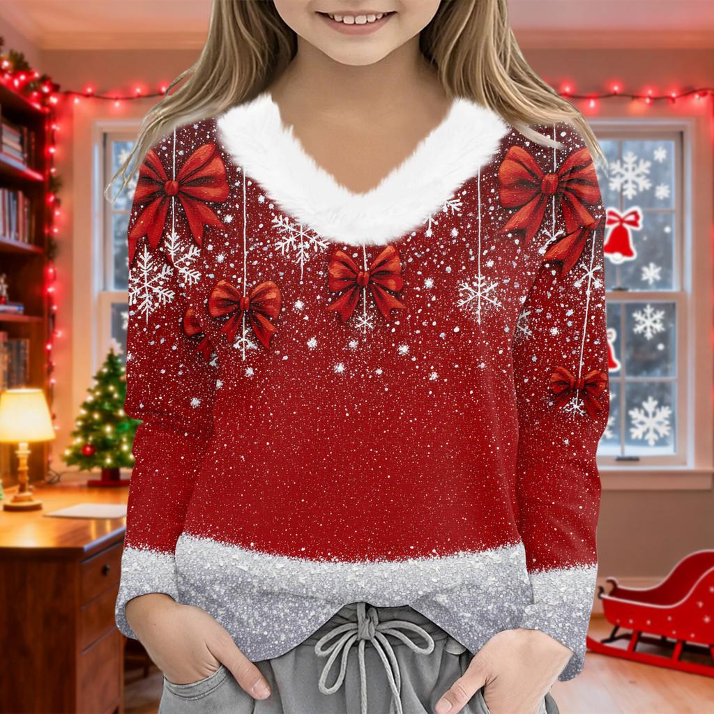 Christmas Day Girls Long Sleeve T Shirts Kids  Girls' V-Neck Tee Christmas Print Long Sleeve Top
