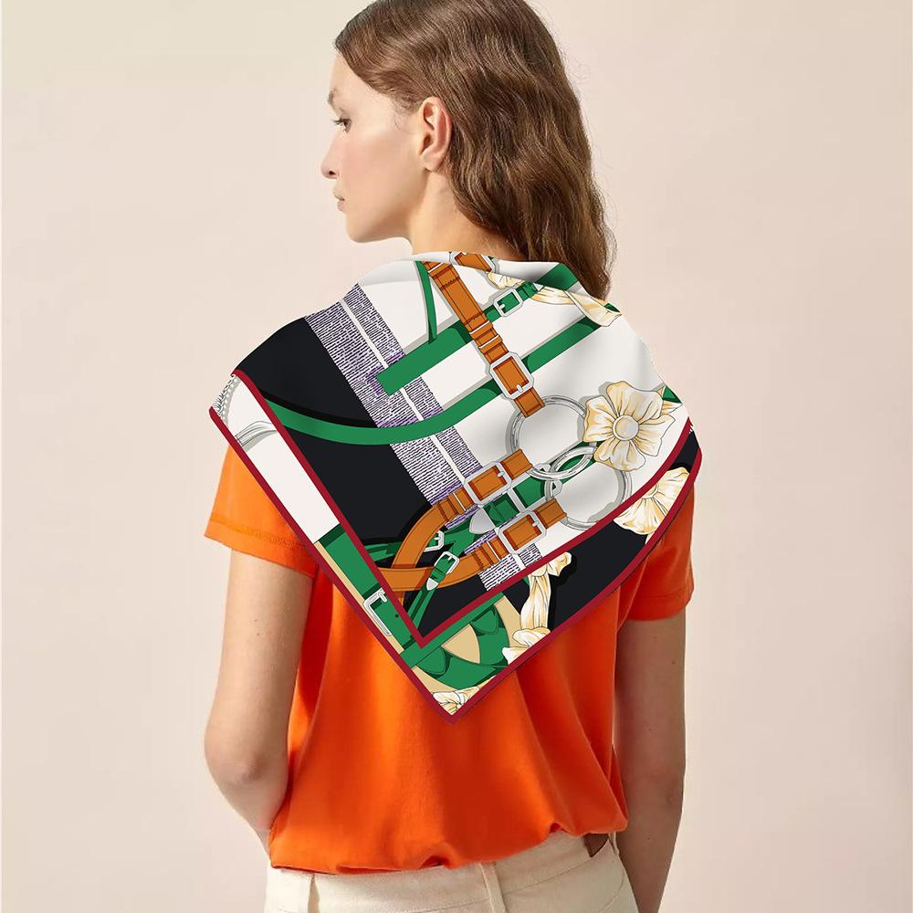 90cm Twill Silk Scarf Shawl Luxury Brand Flower Belt Print Square Scarves Women Hijabs Bandana Silk Foulards Neckerchief