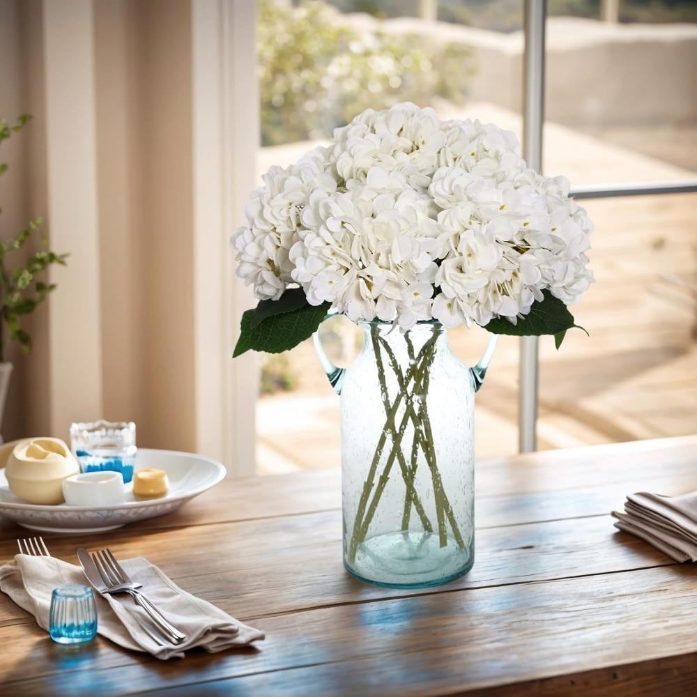 1pcs Fake White Flowers Artificial Silk Hydrangea Flowers Bouquets Faux Hydrangea Stems for Home Table Centerpieces Wedding Party Decoration (White)