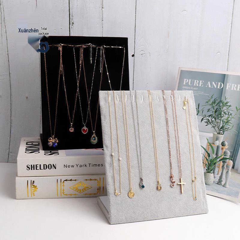 L-Shaped Necklace Display Stand: Velvet Jewelry Storage with Inclined Hook
