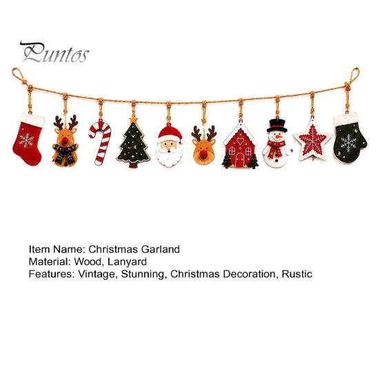 Holiday Party Wall Decor Vintage Christmas Hanging Bunting Garland, 2D Flat Wooden Snowman Elk Stocking Festive Window Showcase Ornaments Tree