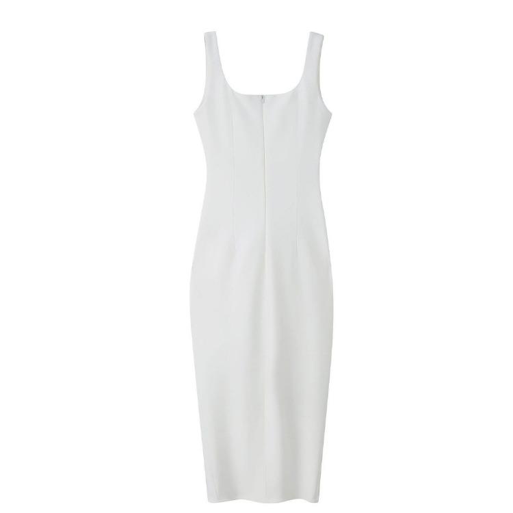 Elegant Dress for Women French White Sleeveless Square Neck Bodycon Dress with Pleats