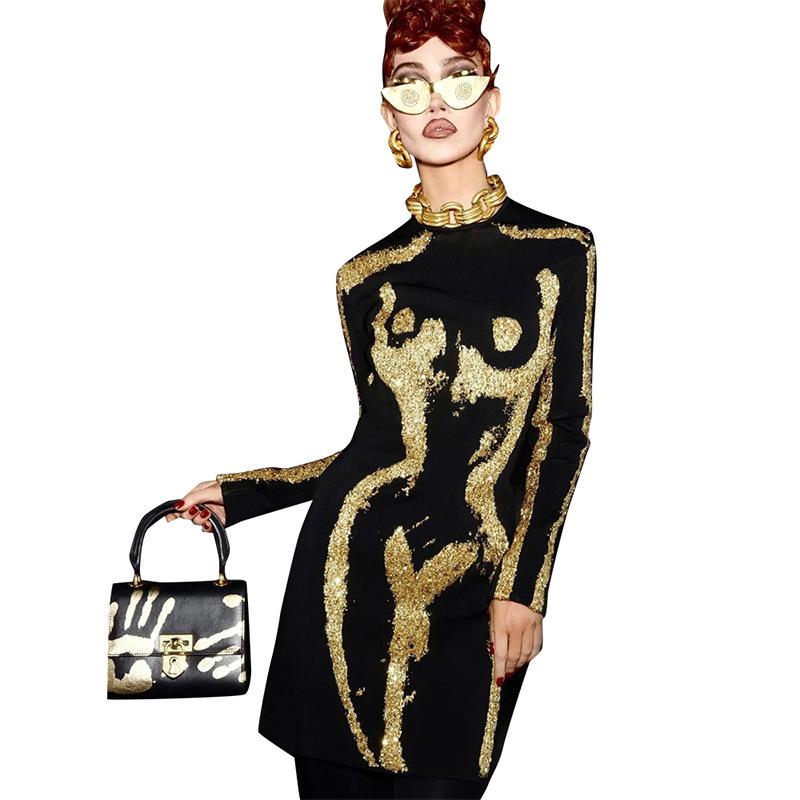 Women Sexy Long Sleeved Black Gold Mini Dress Women’s Solid Wrapping Skirt Party  Dress
