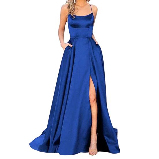 Večerní šaty Špagetový pásek Vysoký rozparek na ramenou Bez rukávů Boční kapsy A-line Délka podlahy Satén Čistá barva Prom Banket Party