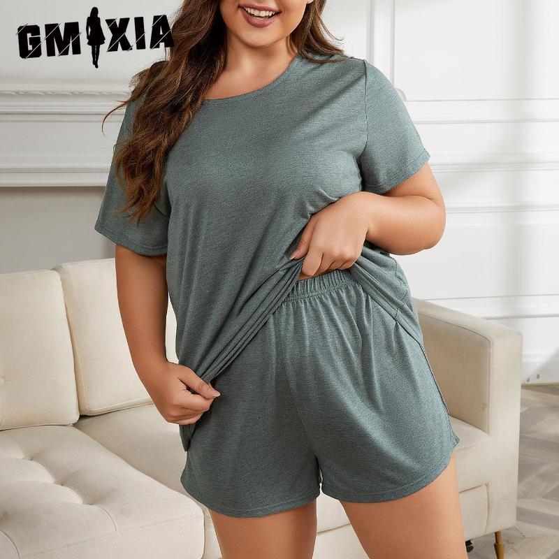 GMXIA Large Size Pajamas Women Summer Solid Colour Loose Casual Short Sleeves and Shorts Two-piece Homewear