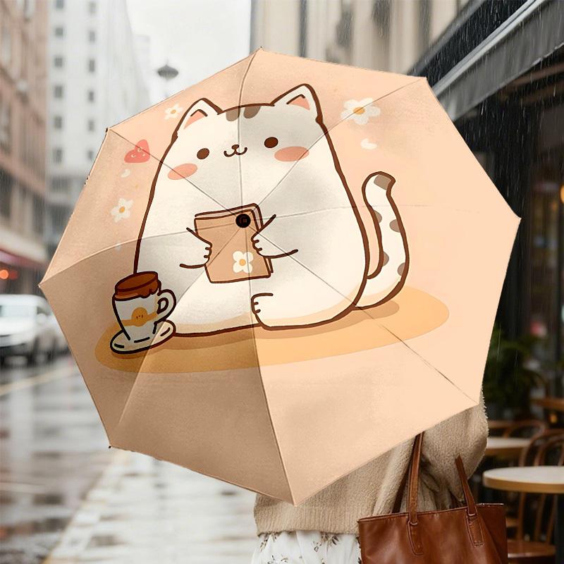 Charming Cat with Coffee and Book: Cute Day Companion   Auto Open/Closed Umbrella, Outdoor Travel Accessory, Lightweight & Durable 118