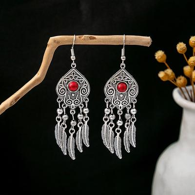 Turquoise Earrings Ethnic Style Engraving Alloy Feather Fringed Earrings Retro Beaded Earrings