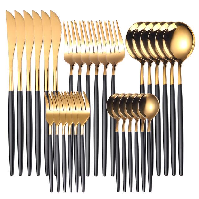 30pcs Gold Dinnerware Set Stainless Steel Steak Knife Fork Coffee Spoon Teaspoon Flatware Dishwasher Safe Kitchen Tableware Set