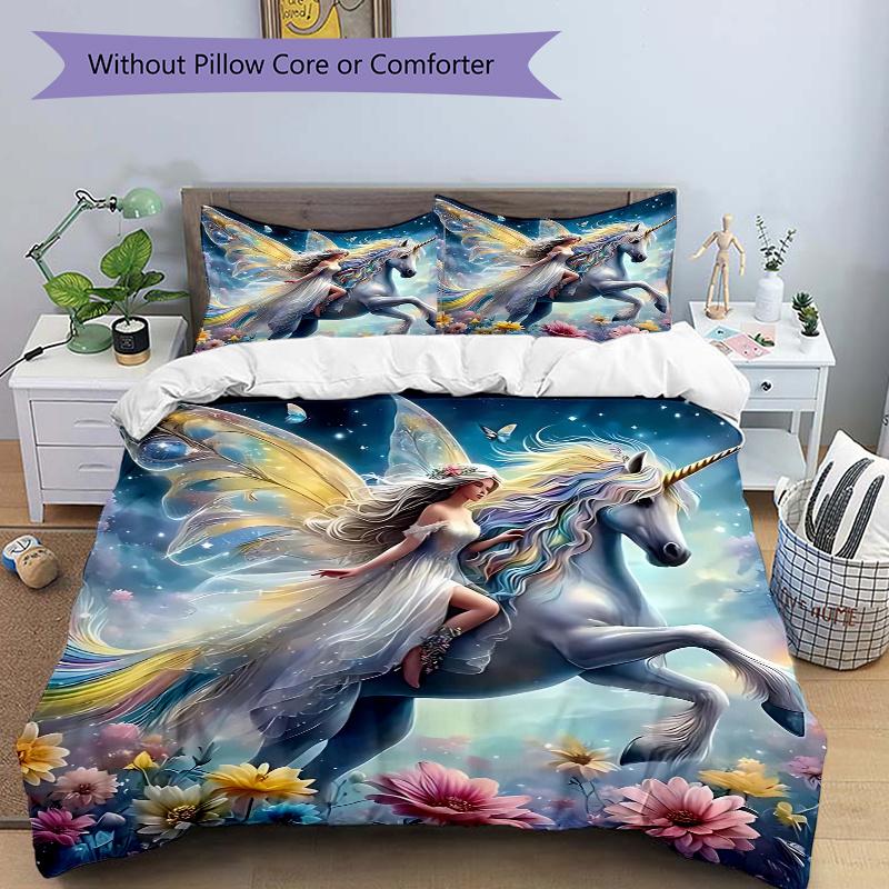 3pcs Fantasy Unicorn Fairy Bedding Set - Includes One Quilt Cover and Two Pillowcases (No Core) - Anime Cartoon Design, Perfect for Bedroom and Guest