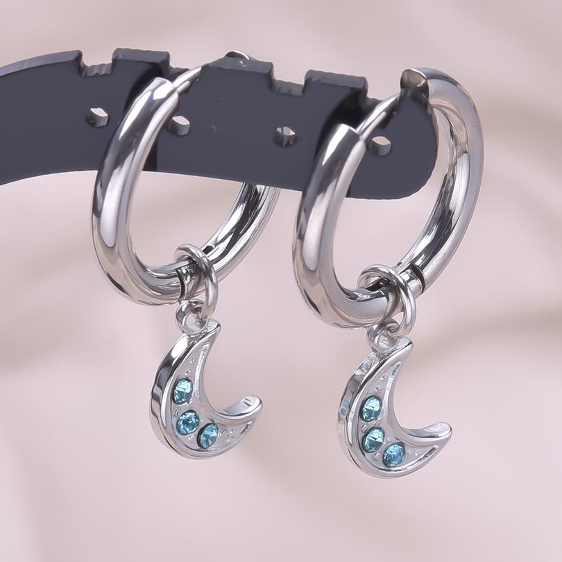 Upright Moon Charm Earring Lune Pendant Stainless Steel Earrings For Women Men Fashion Jewelry Round Hoops Piercing Oorbellen