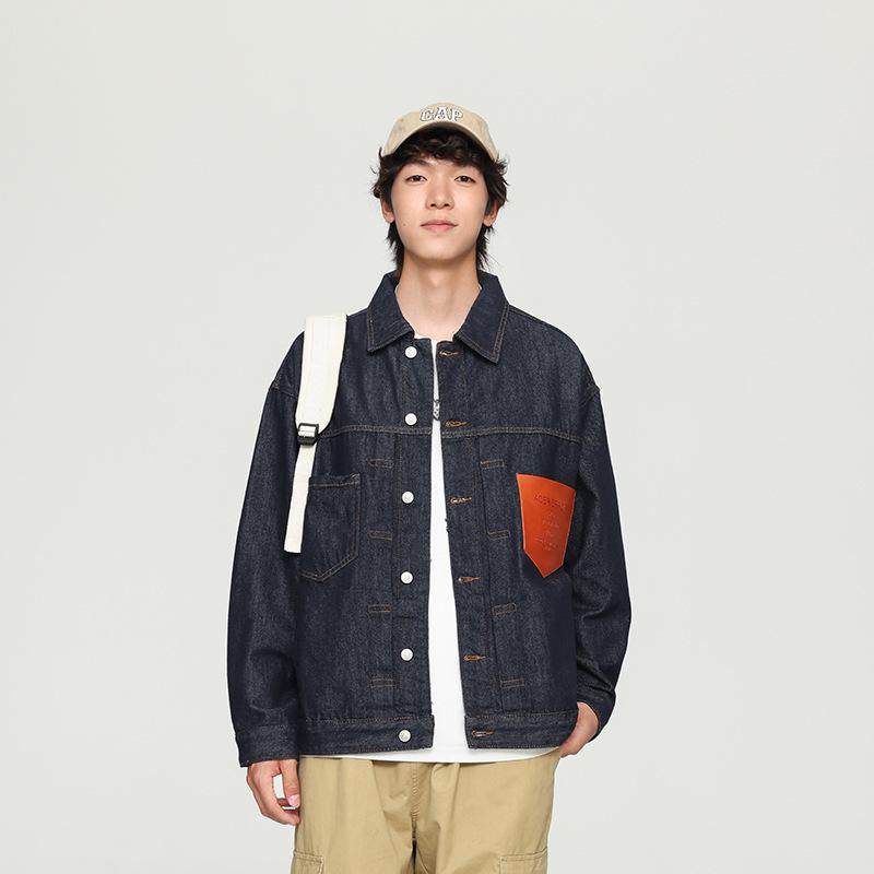 Spring Large Size Loose American Tooling Jacket Primary Color Washed Pure Cotton Pocket Splicing Denim Jacket Men'S
