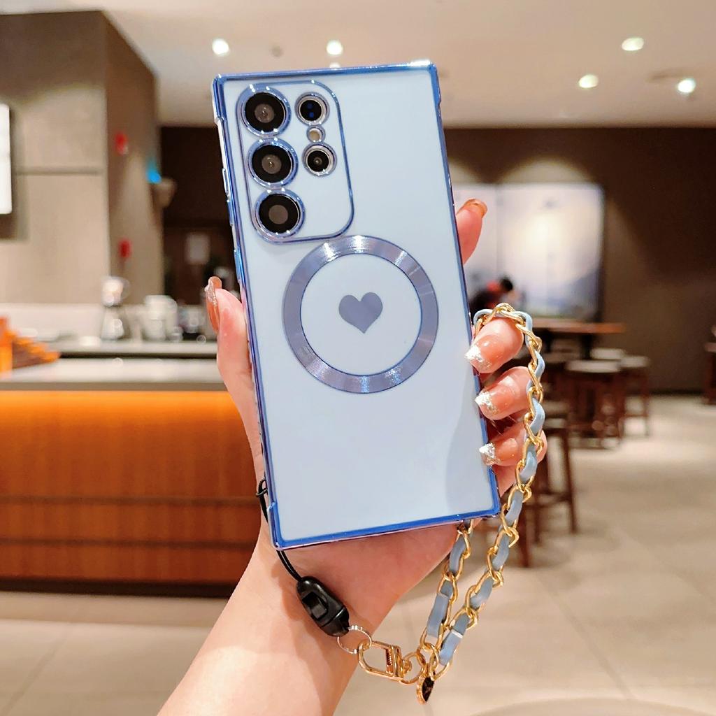 Samsung Galaxy S25 Ultra ümbris, ühilduv MagSafe'iga, armastuse südamega galvaniseeritud pehme TPU kate käerihma ja ketiga