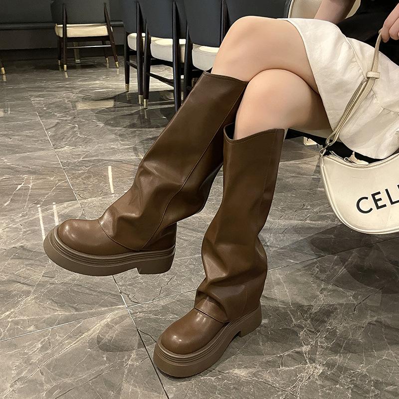 Fashion retro British style thick heel platform Martin boots women's 2025 autumn versatile new trouser tube boots long boots